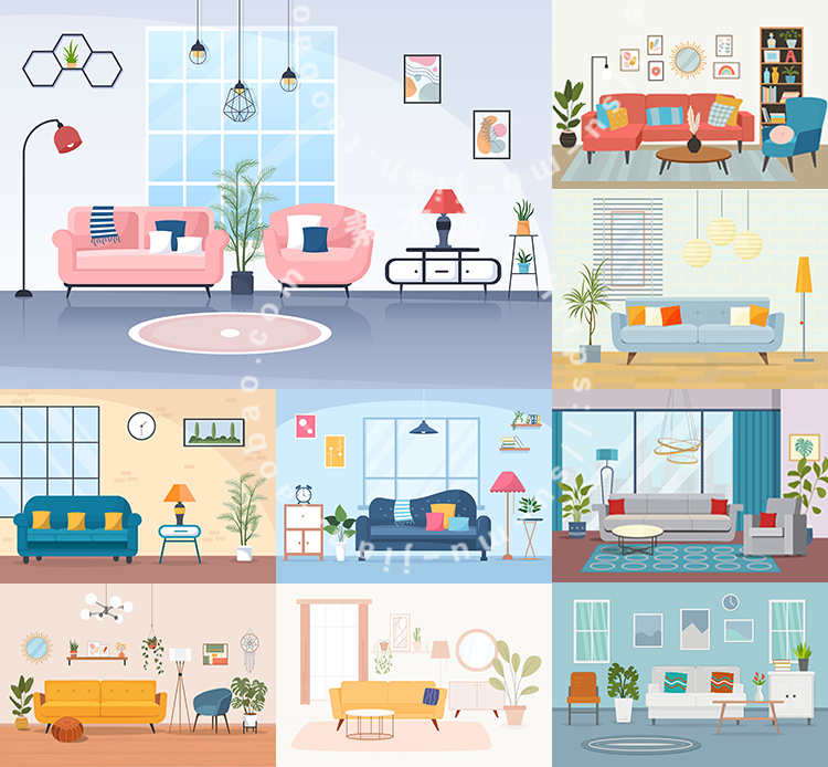 扁平化客厅插画 卡通时尚家居装修沙发布局 ai格式矢量设计素材 - 送