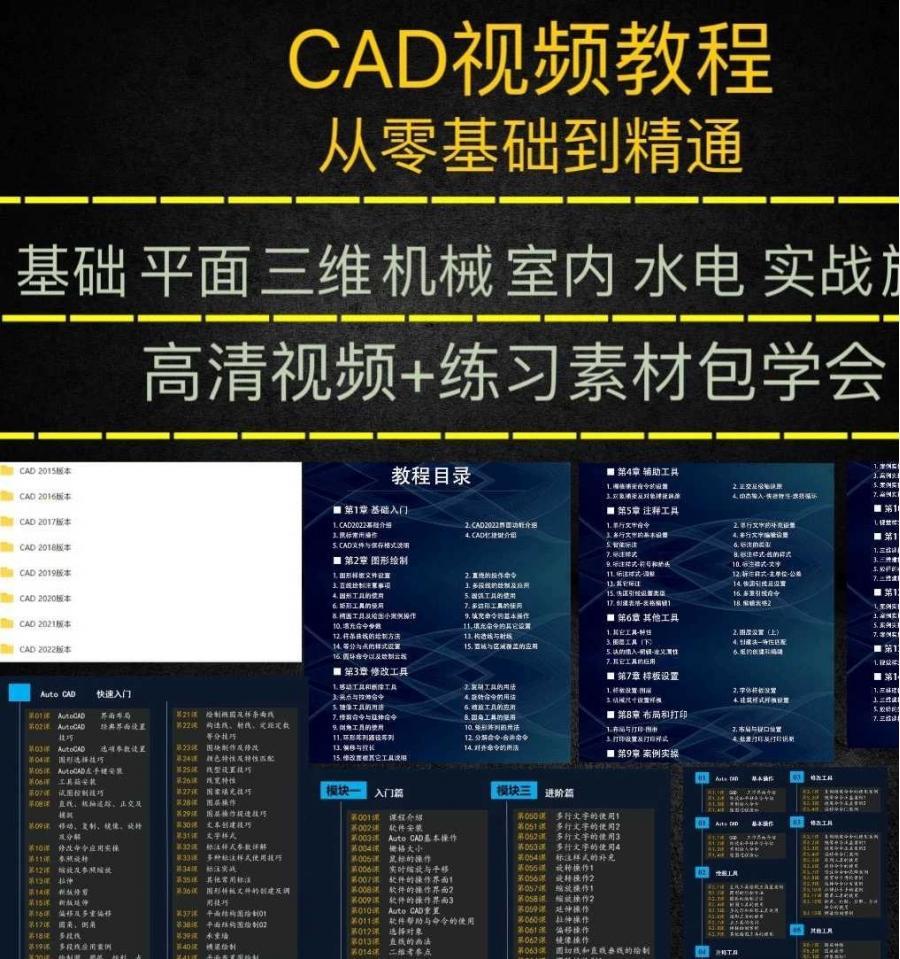 CAD全套视频教程,小白零基础到精通,教程包含了各方面领域内容,可做机械设计,室内装饰,水电工程,有