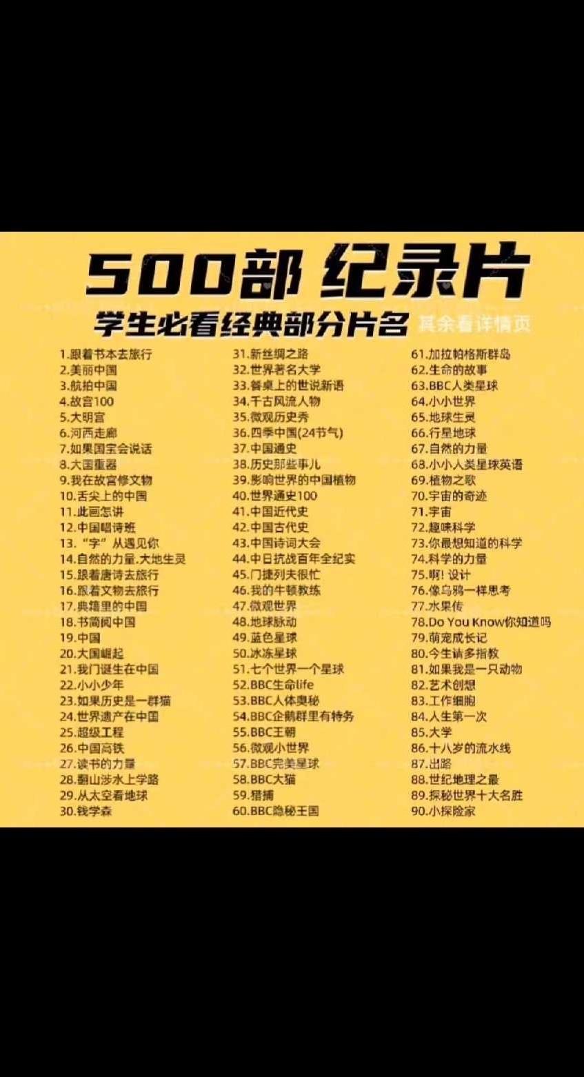 500部学生必看纪录片!
[闪亮]500部高分纪录片。

[五角星]并按照学科划分,内容涵盖语文、数学