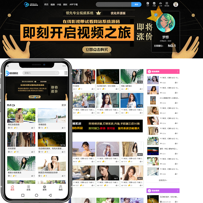 视频网站完美运营版电脑加手机APP/图片/资讯/试看和付费/上传/分销/带支付宝微信充值短视频源码